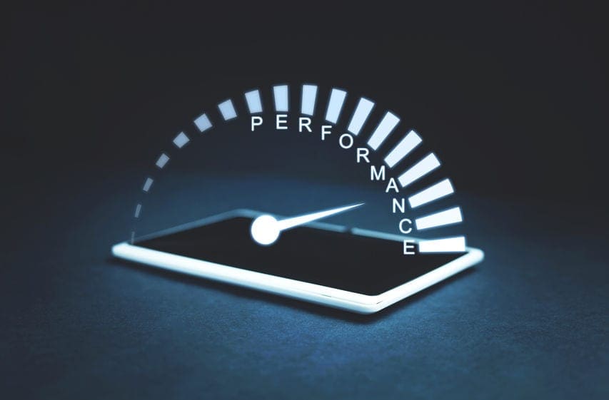 Performance speedometer on a tablet screen. Business concept