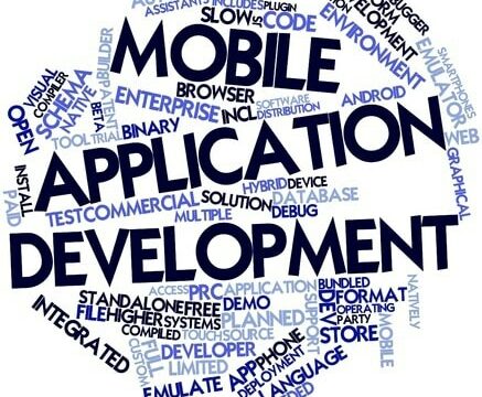 Word cloud in the shape of a circle with prominent words: "Mobile Application Development." Other words include "automation," "debug," "browser," and "enterprise.