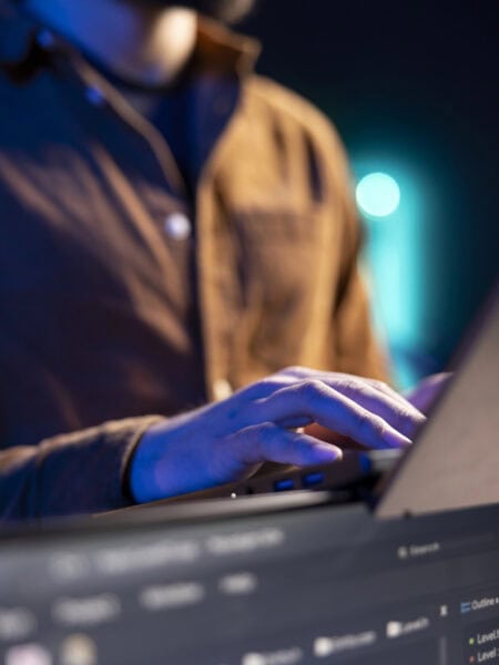 Teleworking programmer doing software debugging using laptop, checking flaws in lines of code displayed on PC monitors.