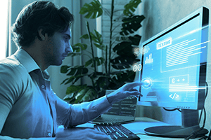 Person using a computer with a futuristic interface displaying charts and text, sitting at a desk in a dimly lit room with plants in the background.